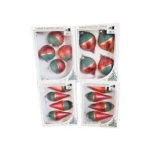 Vintage Rauch Pyramid Glass Ornaments Red & Green Gold Glitter Stencil Set 16